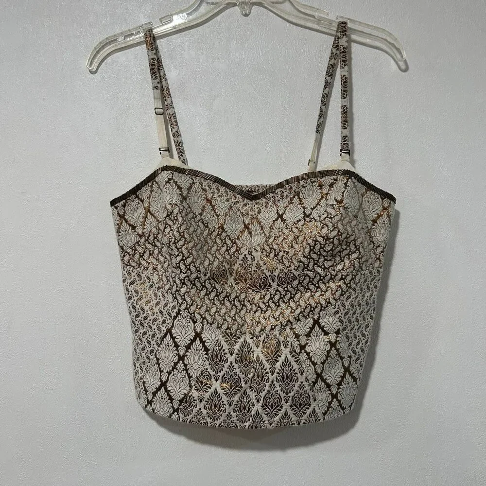 Free People Size 6 Metallic Brocade Corset Cami Crop Top Boho Fairy Grunge - Picture 2 of 9